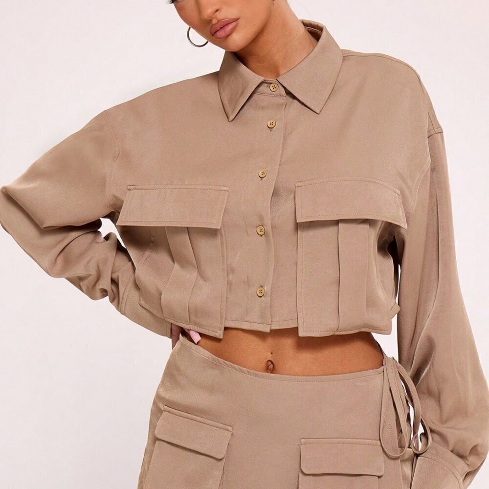 Casual Women's Button Up Collared Cargo Shirt top
